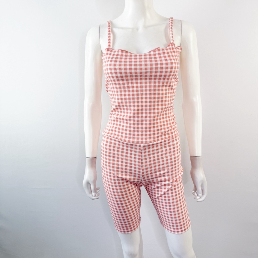 Pink Gingham Bodysuit Stretch Romper Size S Coquette Girl Summer Cottagecore NEW